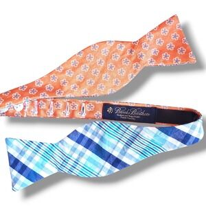 Brooks Brothers Reversible Bow Tie Orange Floral Blue Plaid 35" Dapper Gators